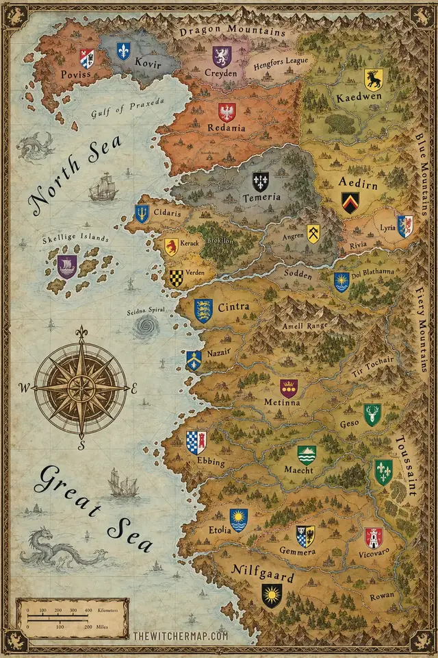 Witcher map of the Continent showing the Northern Kingdoms, Nilfgaard, Skellige and Toussaint