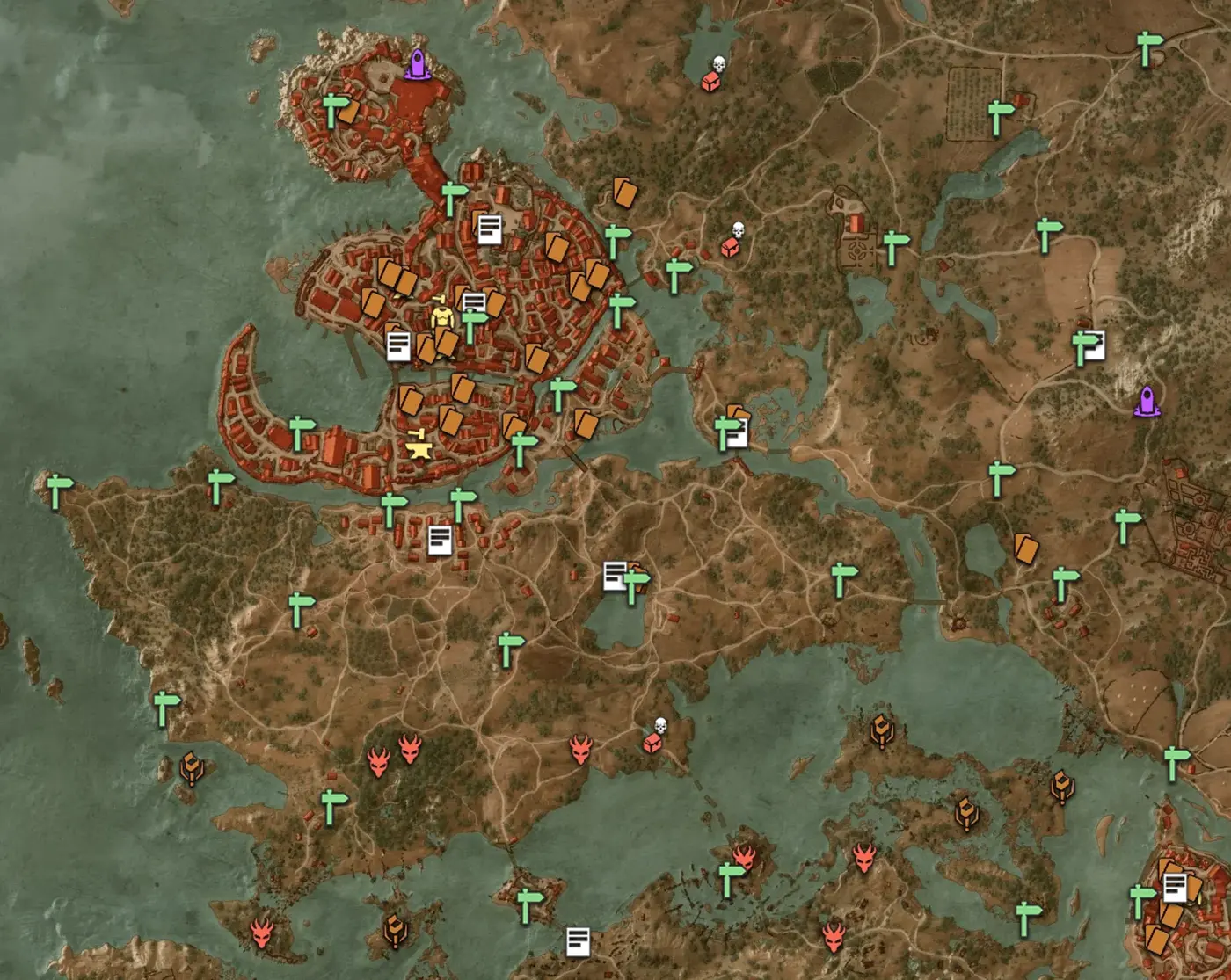 Witcher 3 map of Novigrad and Velen with markers for signposts, Gwent players, treasure and monster nests